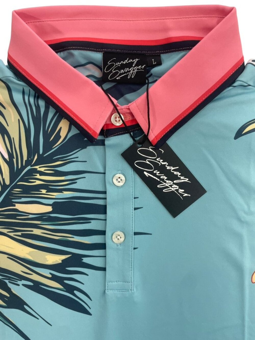 Sunday Swagger Polo Stretch Golf Hawaiian Floral Shirt Blue Pink Men's Sz L NEW - Picture 3 of 7